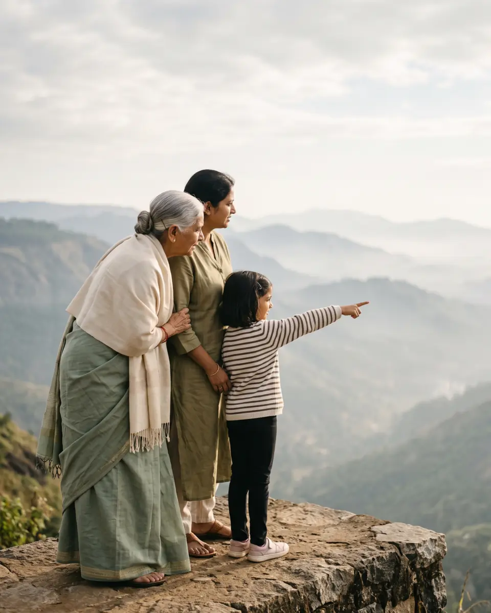 Three generations of an Indian family looking out over a scenic South Indian valley viewpoint