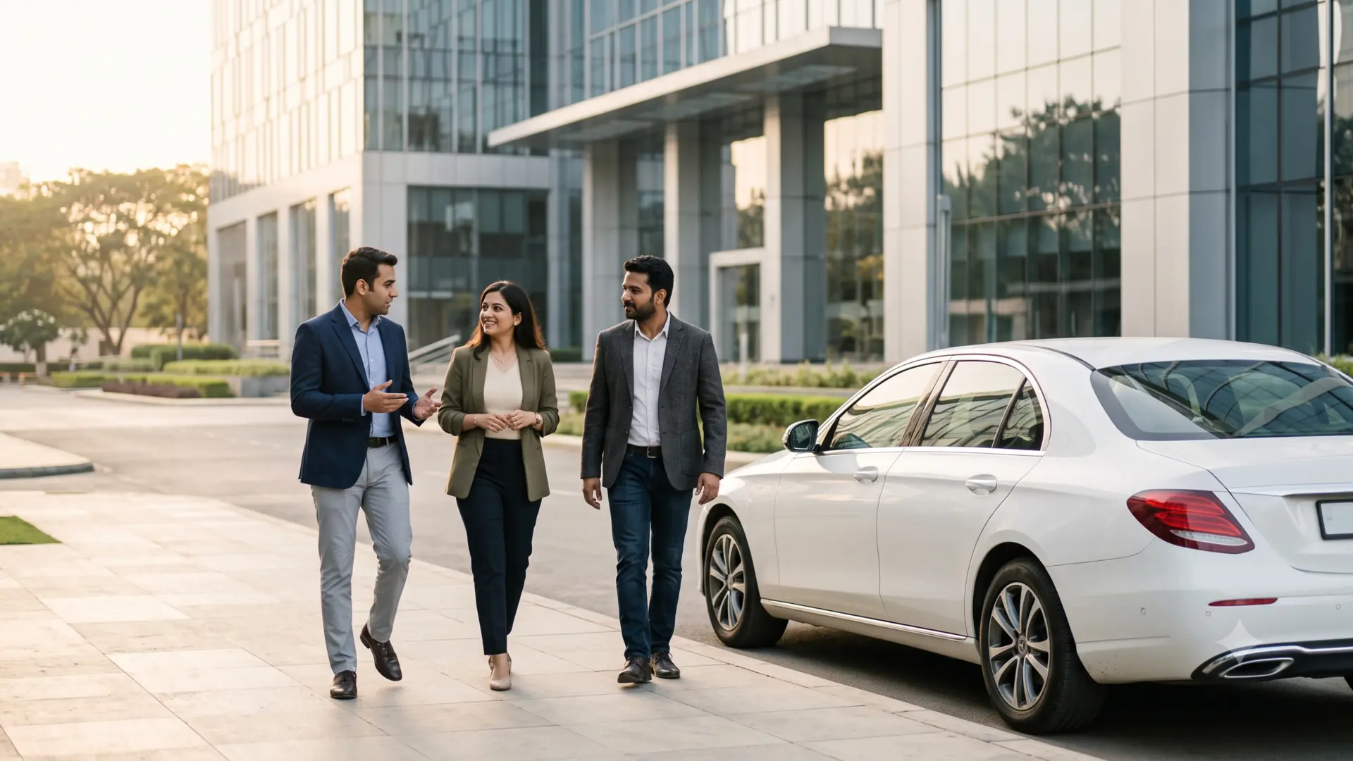 Business professionals walking toward a parked premium sedan outside a modern office building