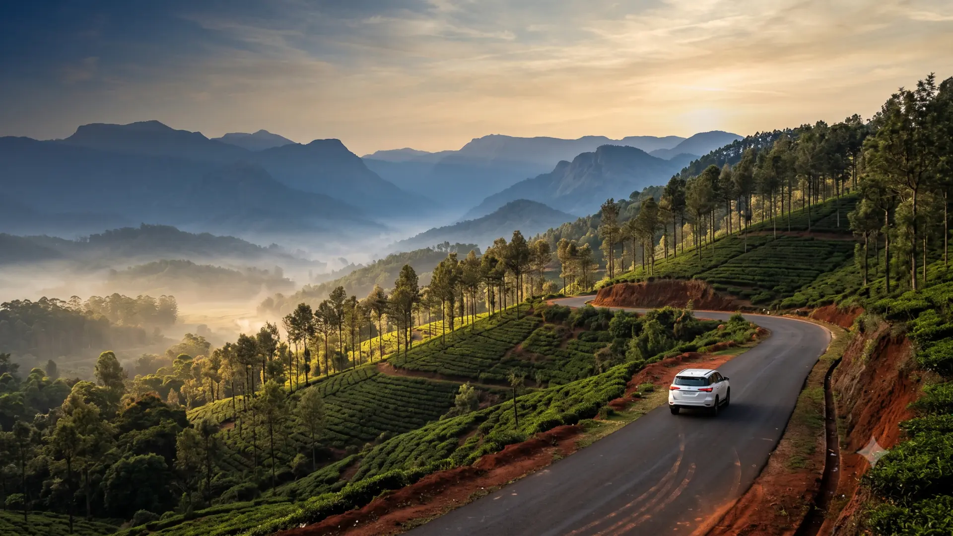 A premium white SUV travelling a winding South Indian hill road through layered green hills at golden hour
