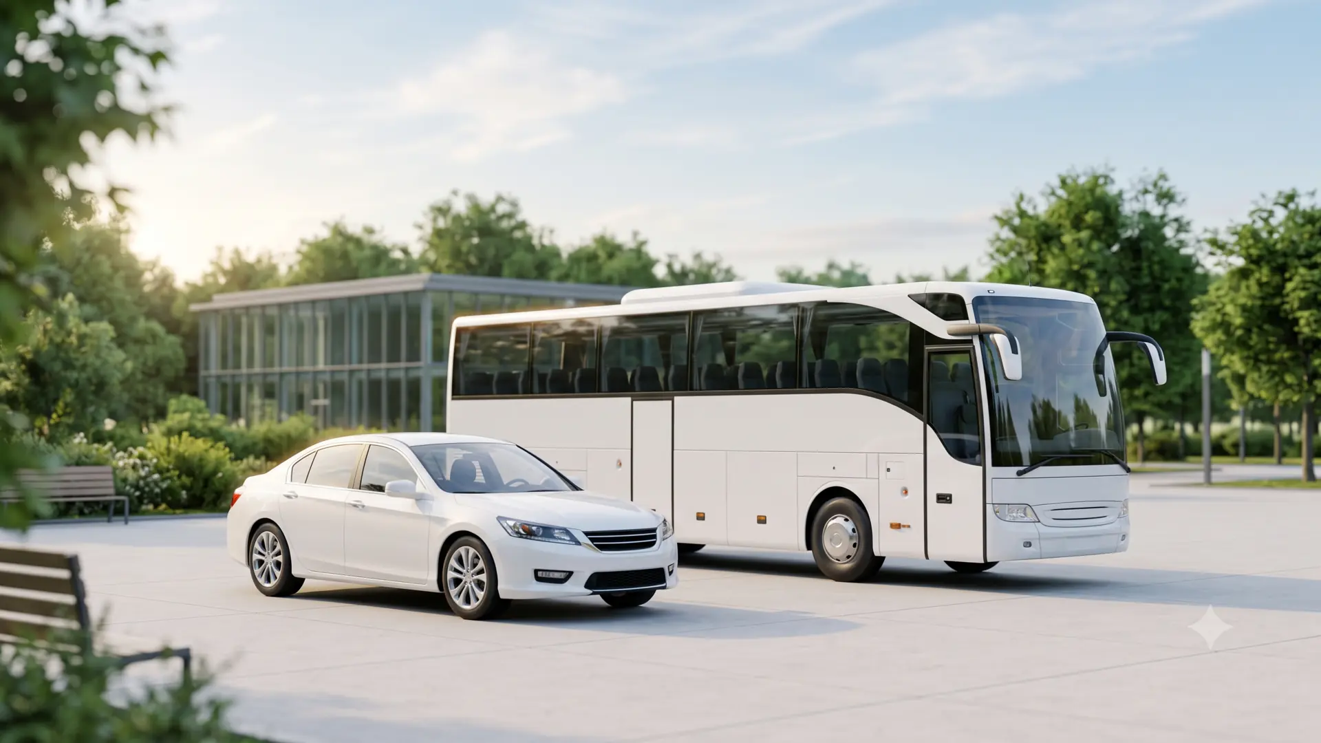 A premium white sedan and a modern tourist coach bus parked side by side