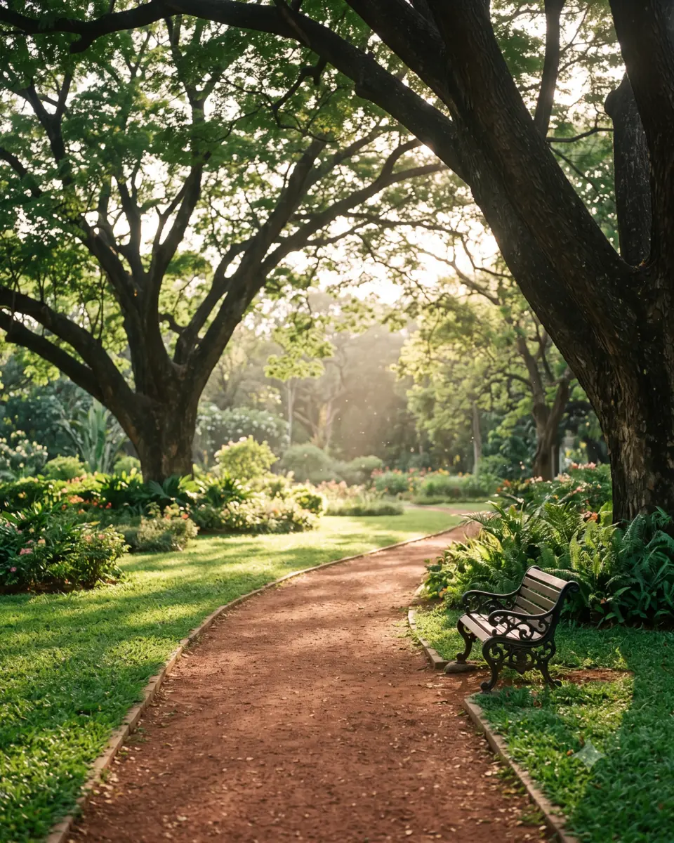 Quiet leafy Bengaluru park with a paved walking path under mature tree canopy