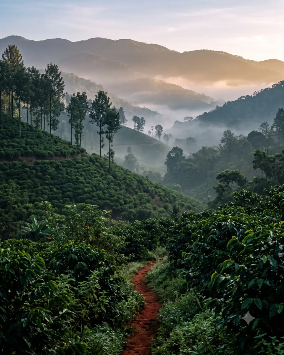 Layered green coffee-estate hills with morning mist settled in the valleys