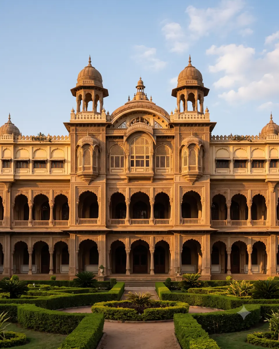 South Indian palace-style facade with domed towers lit by golden-hour light