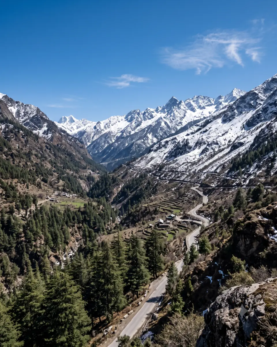 Snow-dusted Himalayan foothill valley with a mountain road switch-backing toward a ridgeline