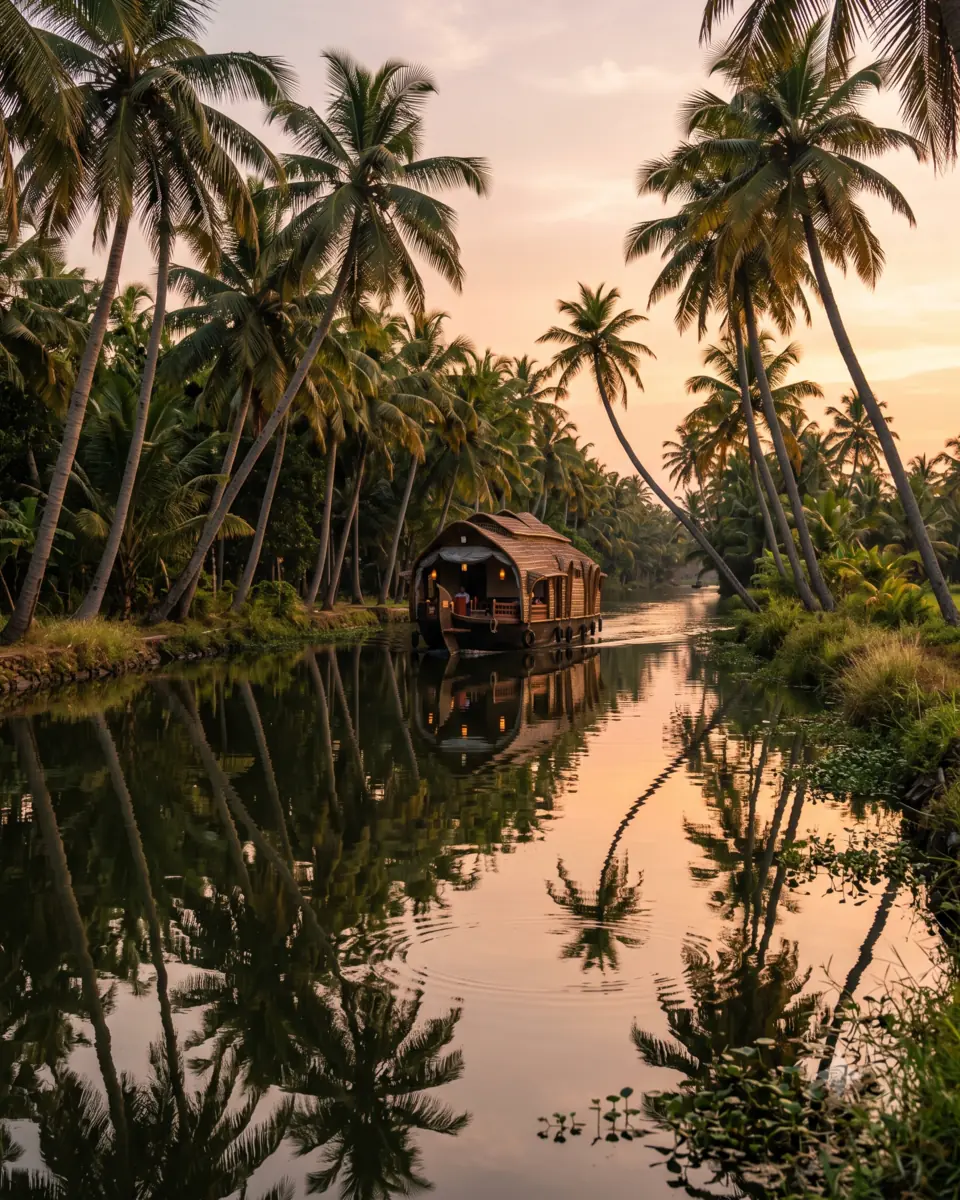 Calm Kerala backwater channel lined with coconut palms and a traditional houseboat