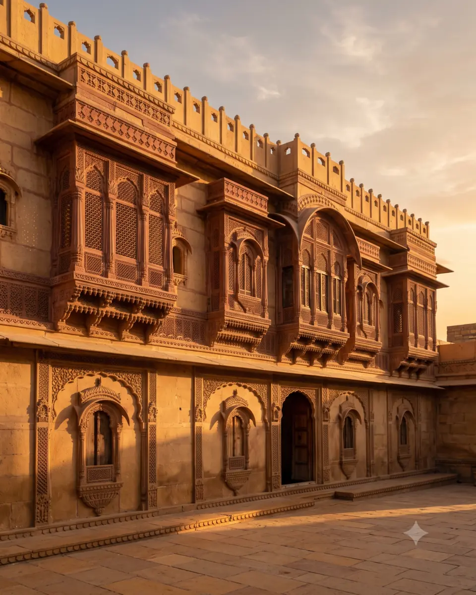 Sandstone fort-style facade with carved balconies catching warm desert light