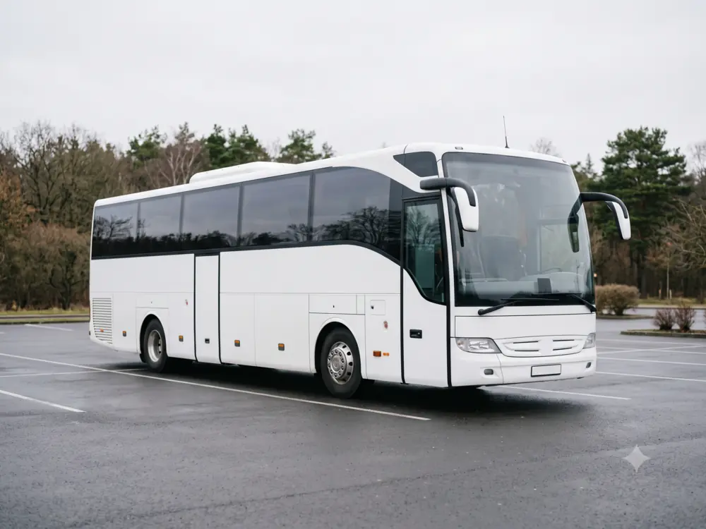 Modern white tourist coach bus parked against a plain outdoor backdrop