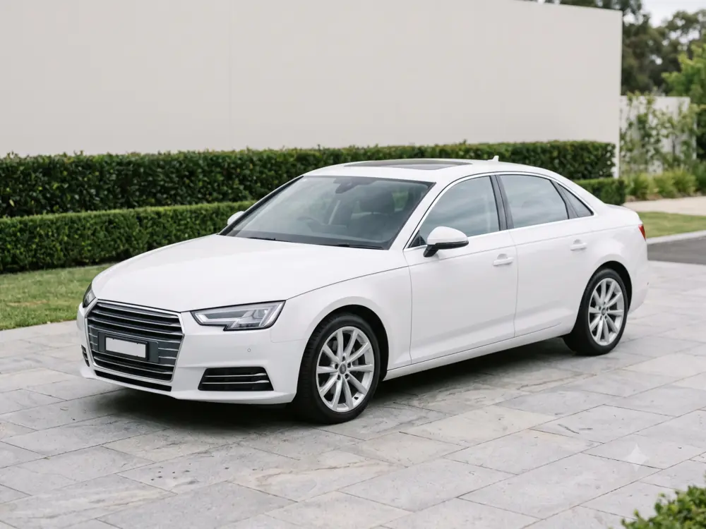 Clean premium white sedan parked at a three-quarter angle on a light stone driveway