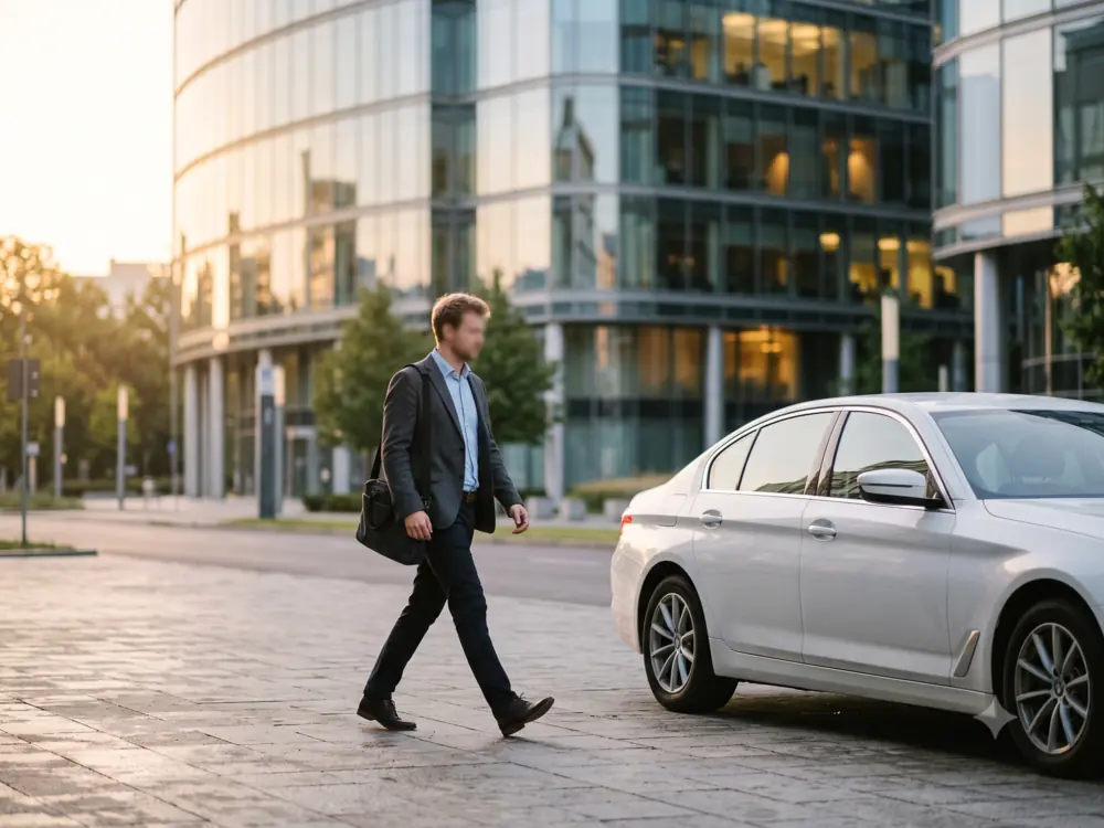 Business professional walking toward a parked premium sedan outside a modern glass office building