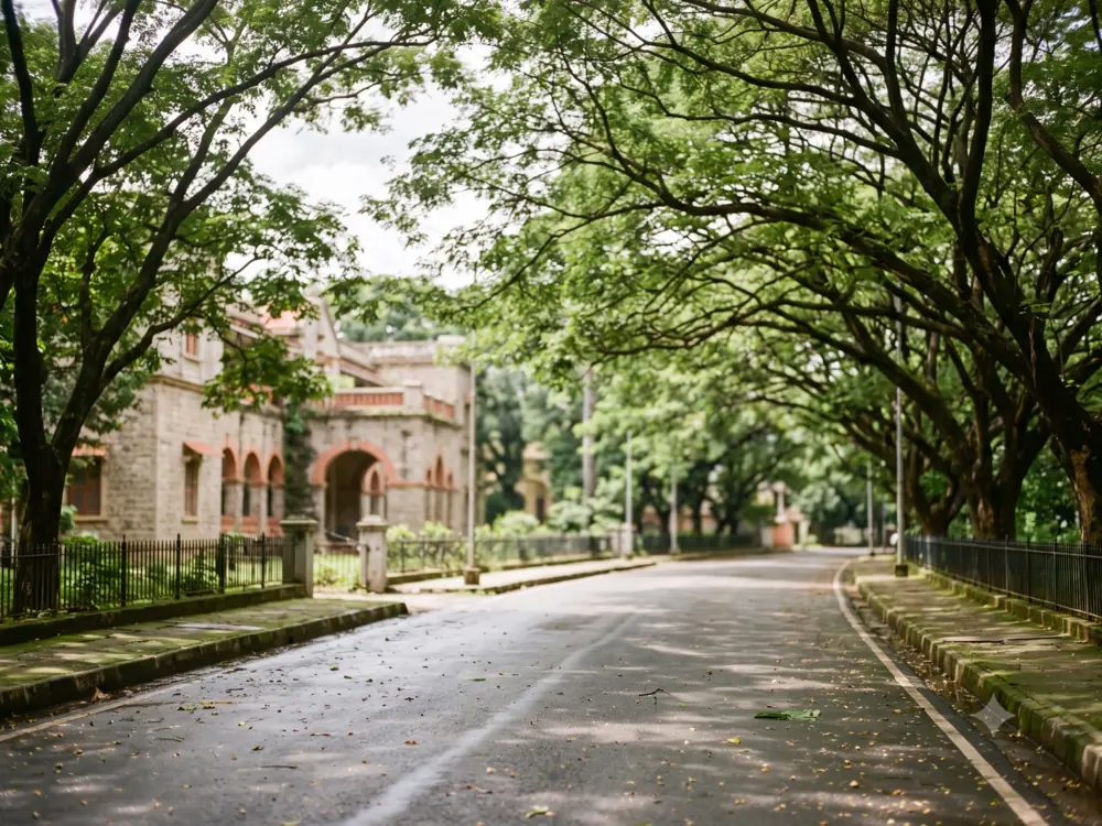 Leafy tree-lined Bengaluru street with dappled afternoon light