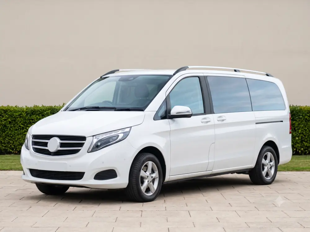 Maxi cab passenger vehicle parked at a three-quarter angle, ready for a group trip