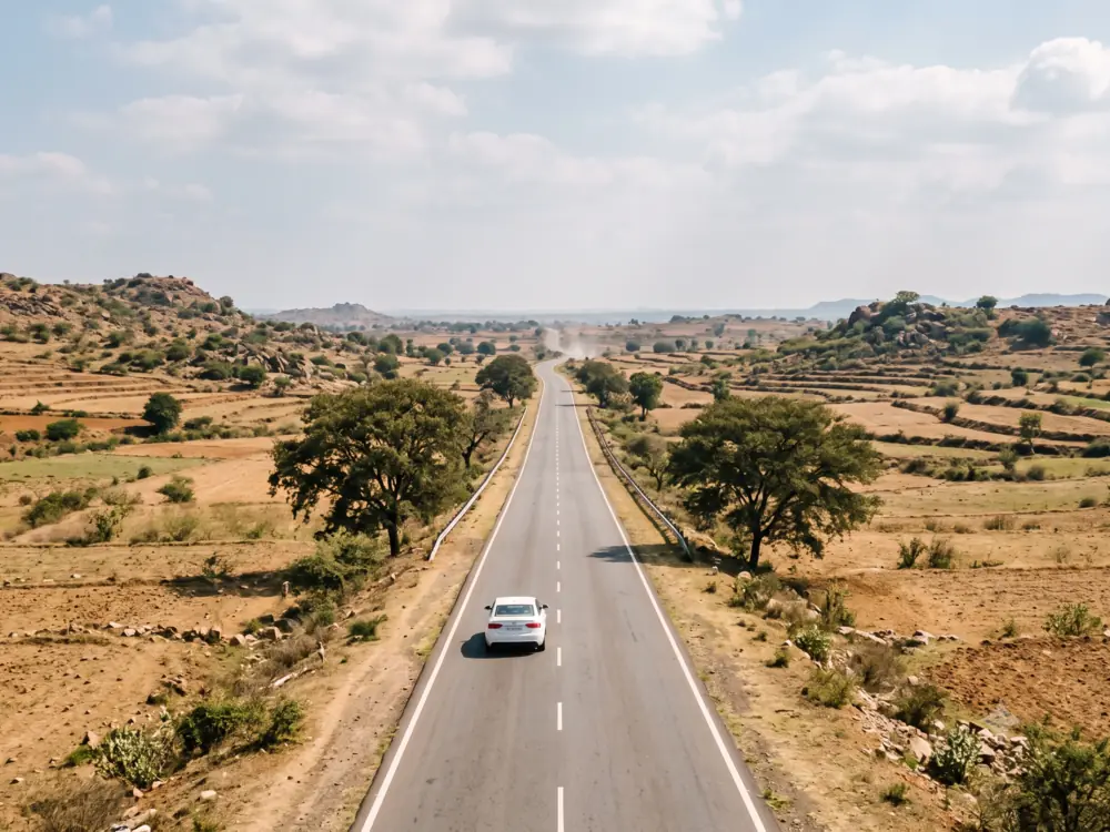 Open highway through South Indian countryside with a car travelling toward the horizon