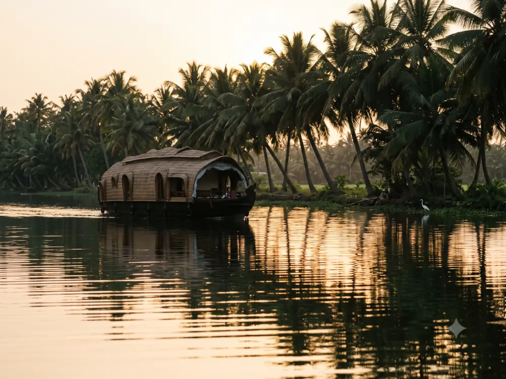 Traditional Kerala wooden houseboat drifting on calm backwaters at golden hour